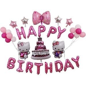 Pink Cat Birthday Party Decor Set, 24pcs Banner and Foil Balloons Cute Party Kit